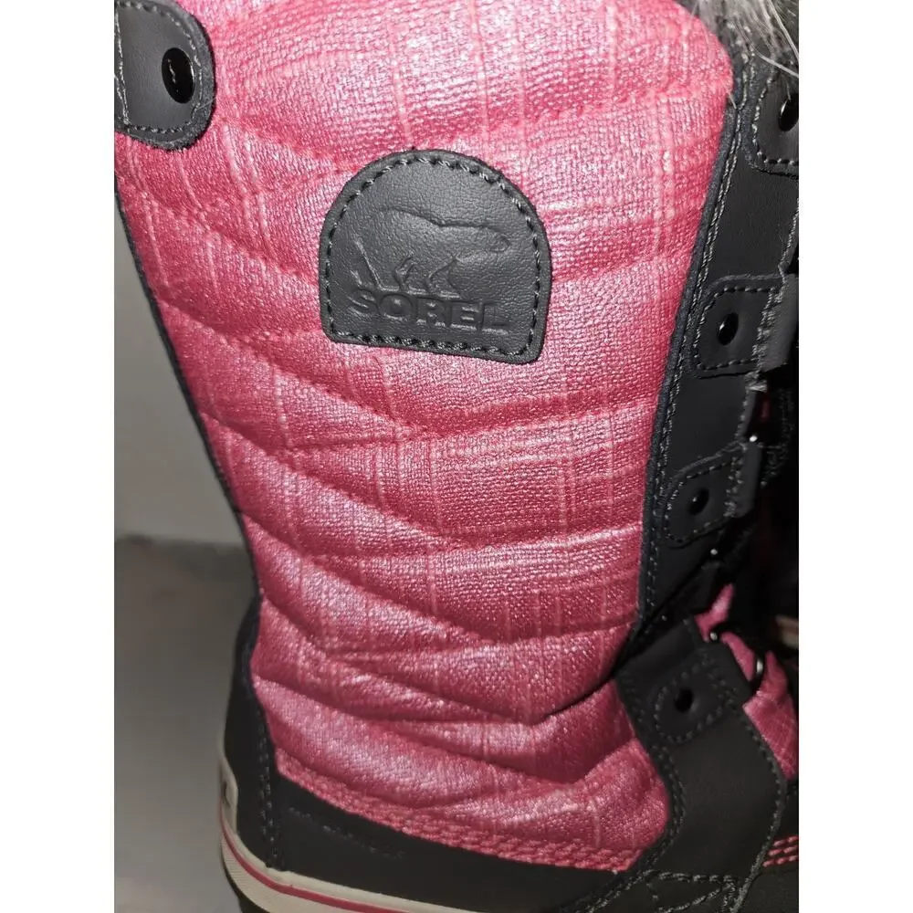 Sorel Tofino II Snow Boots YOUTH Size 6 Pink Gray Waterproof Fleece Fur Trim